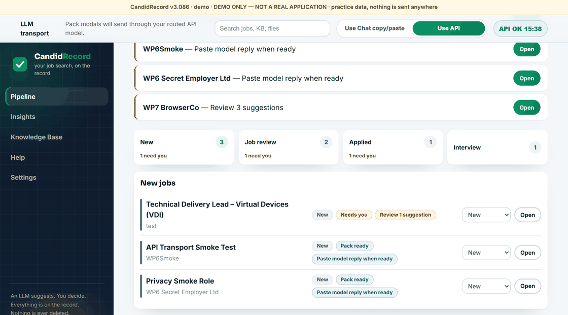Screenshot of the CandidRecord pipeline showing demo jobs, stage counts and follow-up nudges.