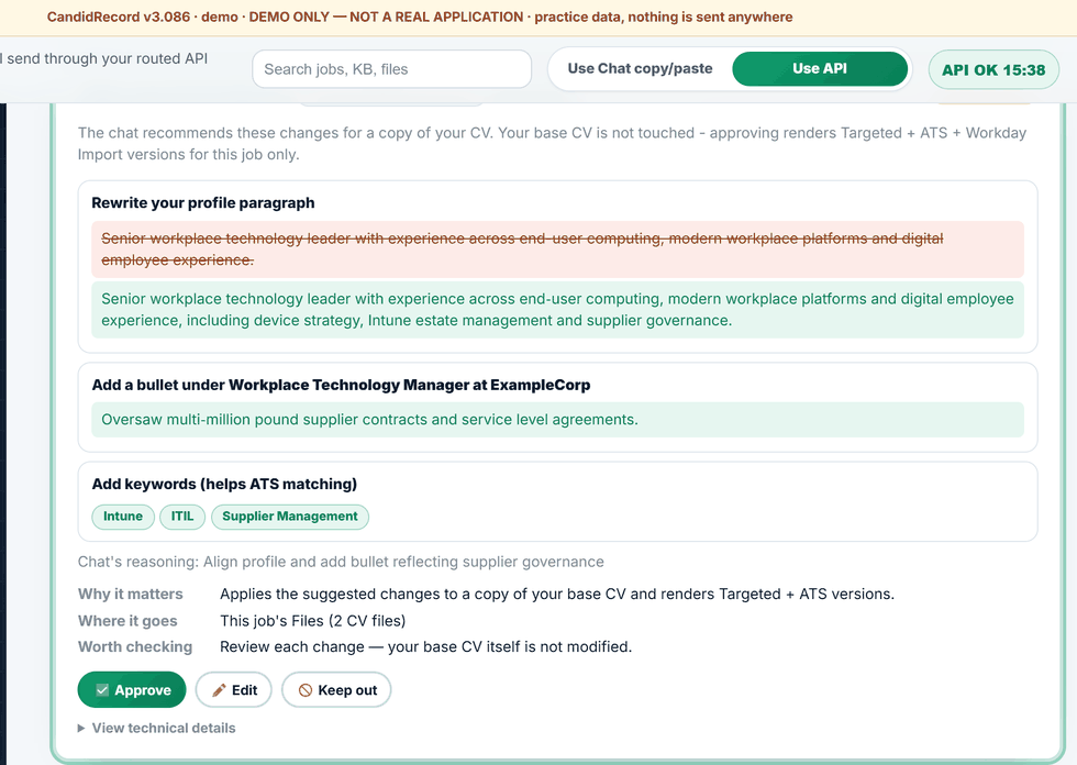 Screenshot of the CandidRecord review gate showing a demo suggestion awaiting approval.